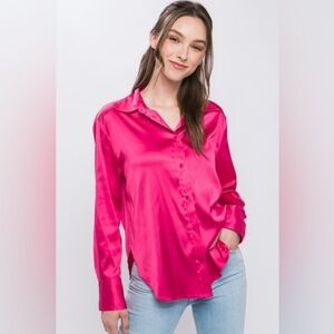 NEW Satin Button Down Long Sleeve Shirt in Fuschia